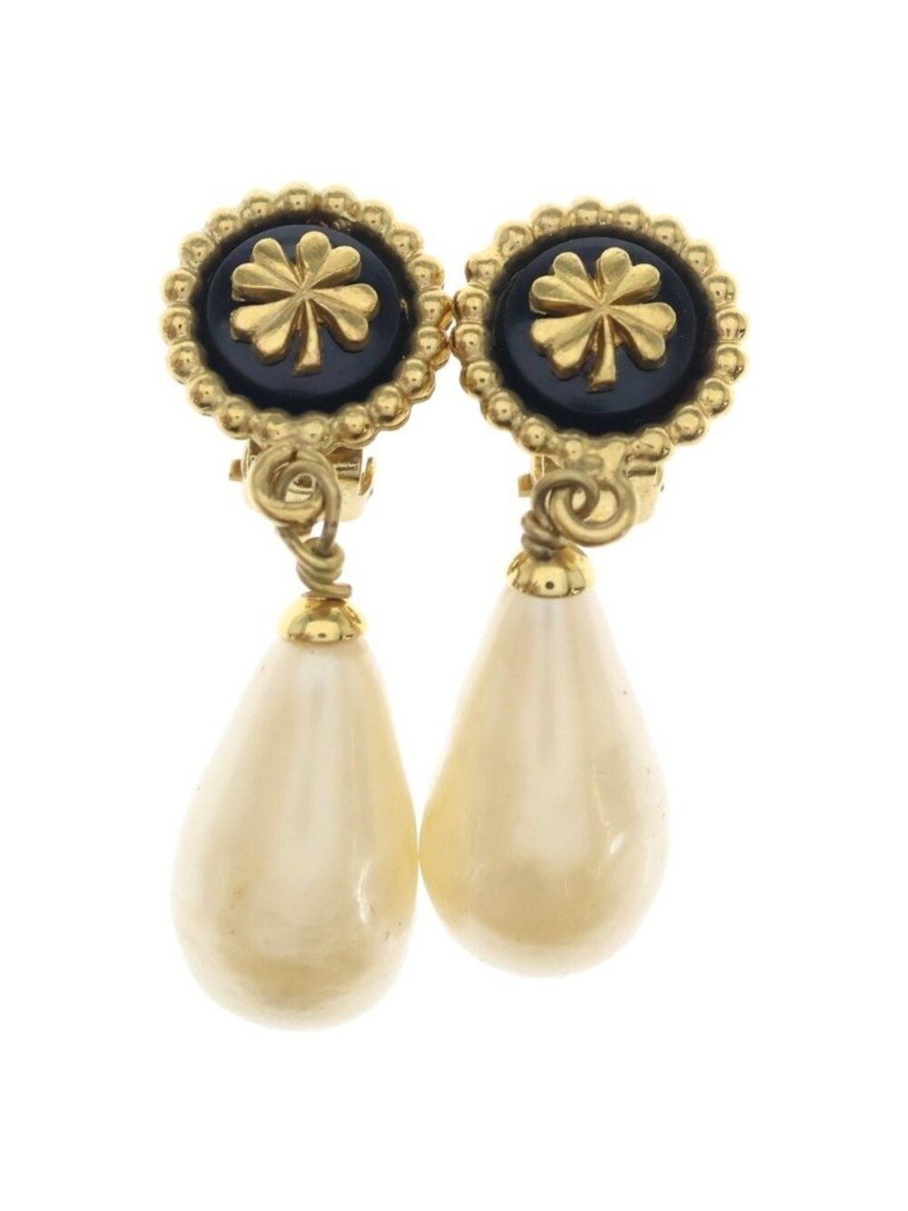 Chanel Clover Teardrop Pearl Earrings White Gold